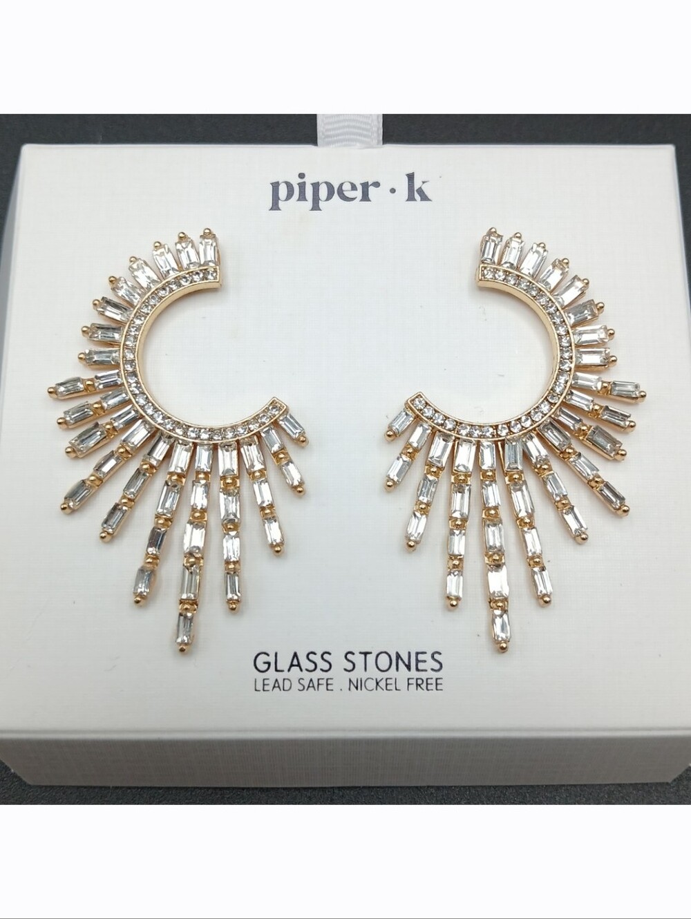 New! Piper K Glass Clear Rhinestone Gold Tone Sunburst Flower Floral Earrings